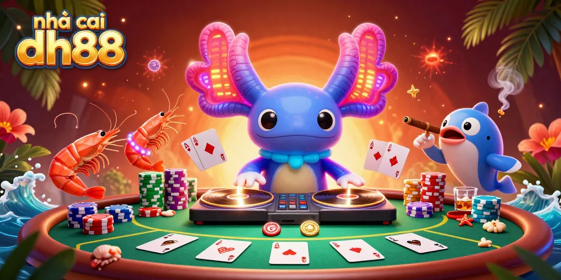 nhà cái dh88 showcases an exciting scene with vibrant characters celebrating at a casino-themed party
