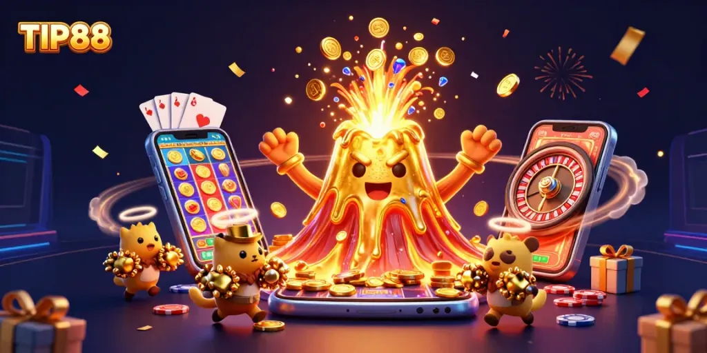 Engage with the fun of TIP88 through a vibrant 3D illustration of a golden volcano and treasure.