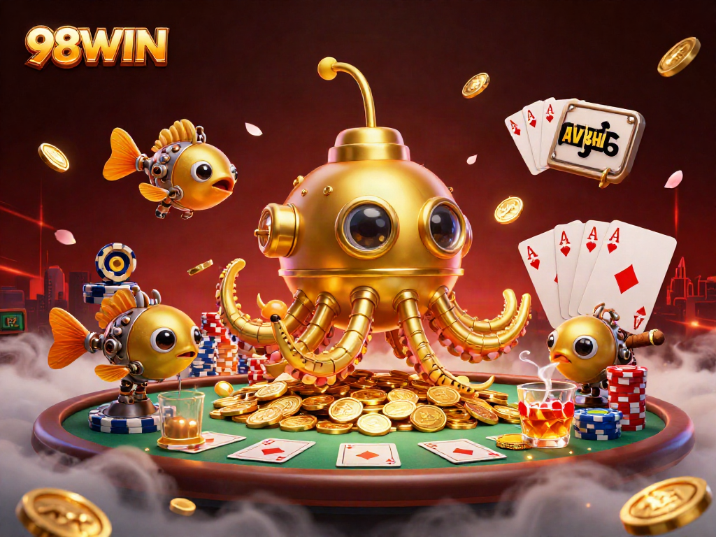 Experience winning strategies and vibrant gaming with 98WIN's poker-themed 3D illustration.