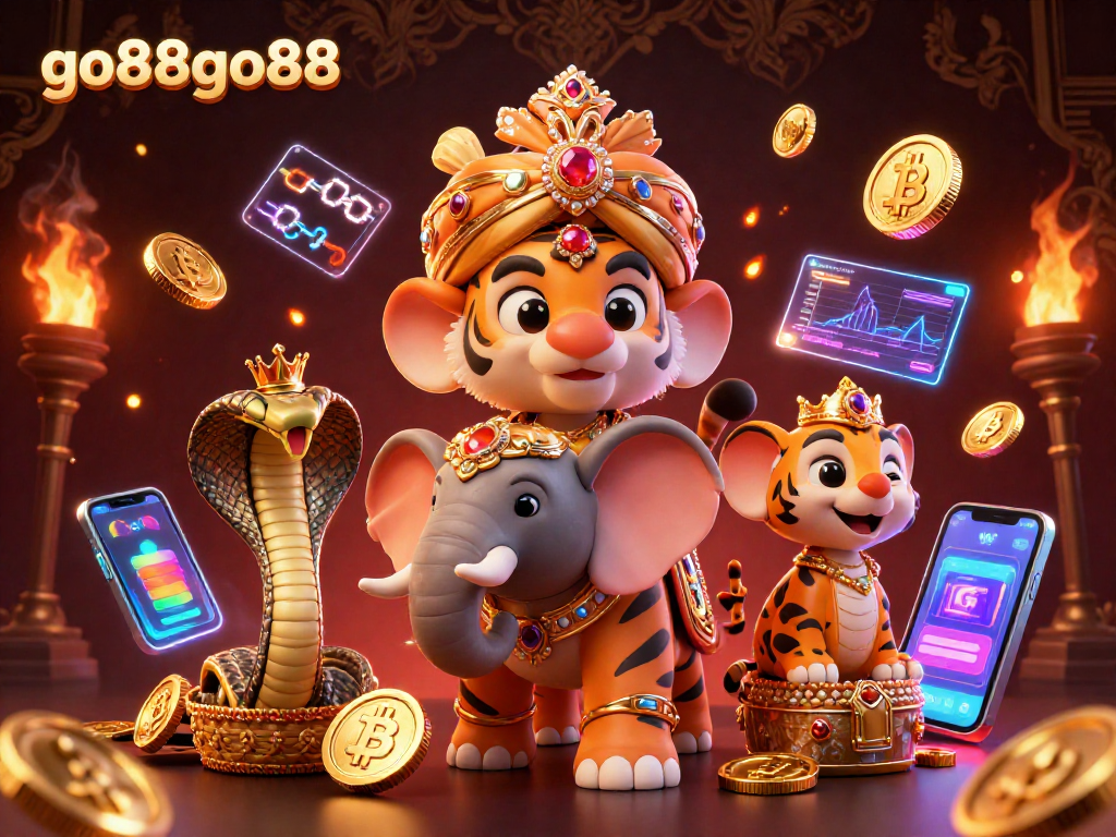 Play unique games at go88go88, showcased by vibrant 3D casino designs and crypto elements.
