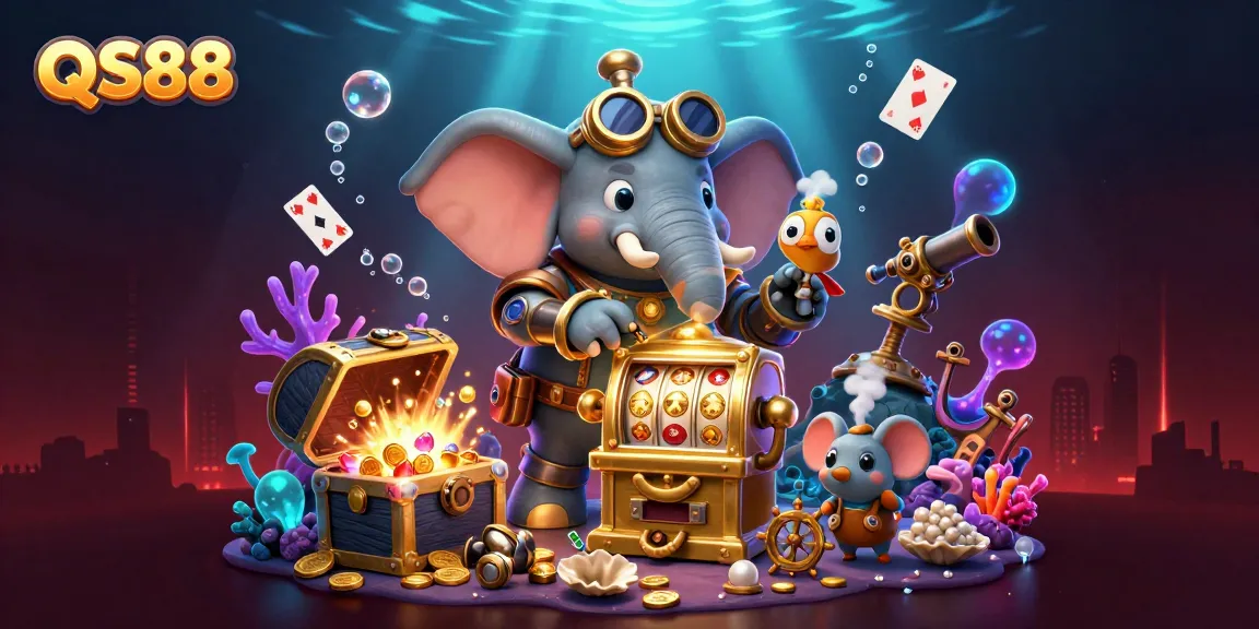 Experience QS88 through an engaging scene with a steampunk elephant and underwater casino treasures.