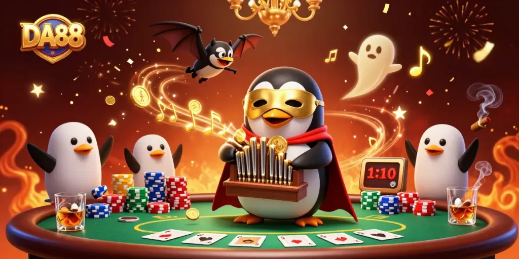 DA88 showcases a vibrant scene with a penguin organist, poker elements, and acrobatics, capturing casino excitement.