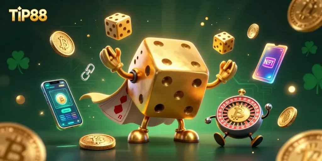 TIP88 players engage with a cartoon golden dice golem and crypto elements in a vibrant scene.