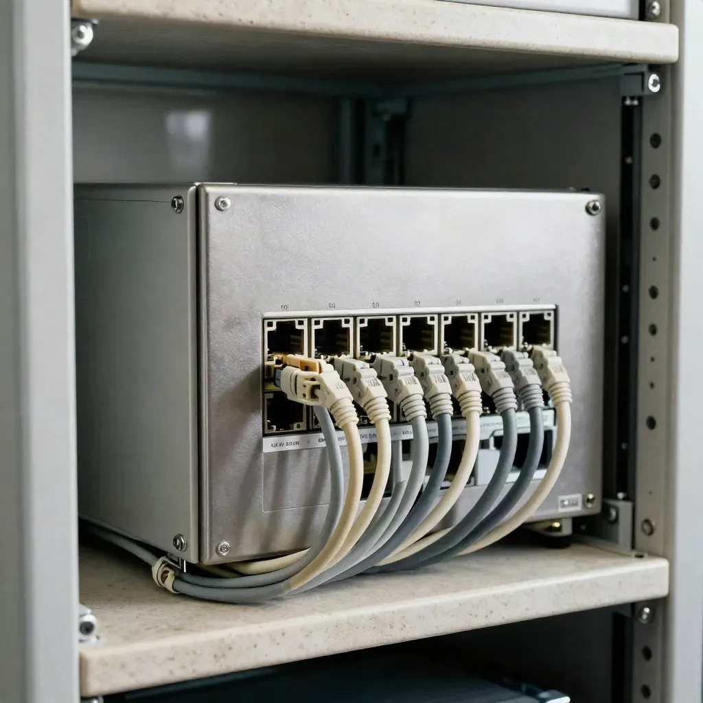 Firewall appliance and fibre patch panel in a quiet server alcove, cables settling under soft light.