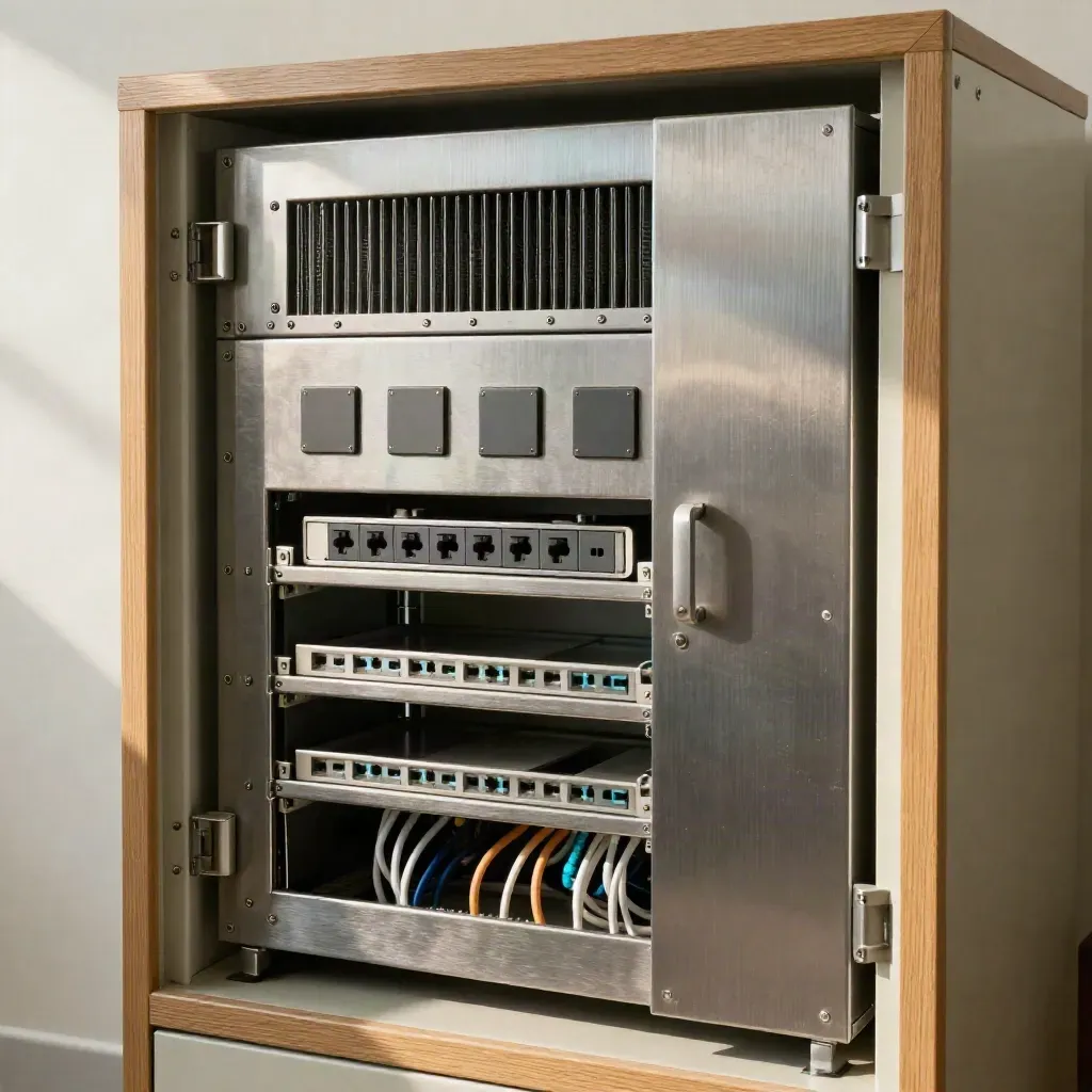 Sealed office comms cupboard with tidy patch runs, blanking plates and locked power strips