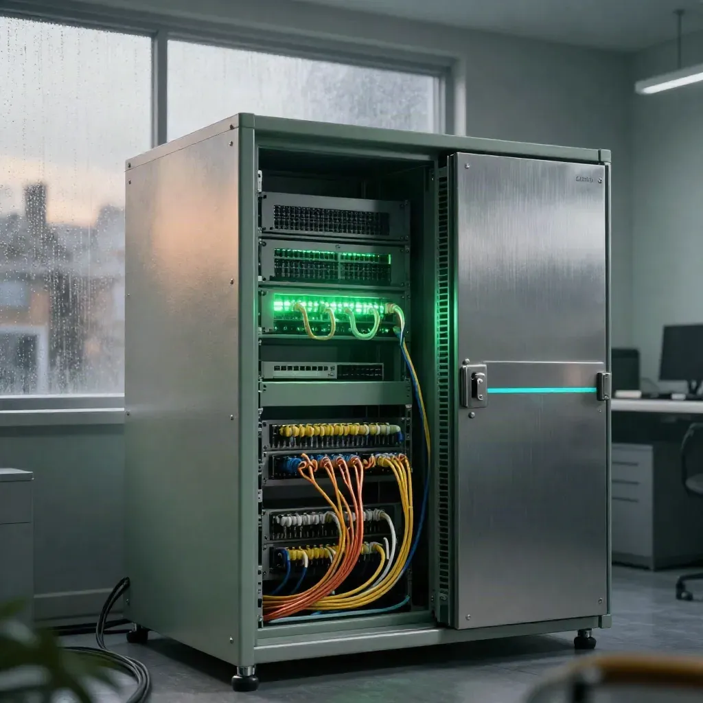 Firewall rack and UPS in a rainy London comms vault with green status lights.