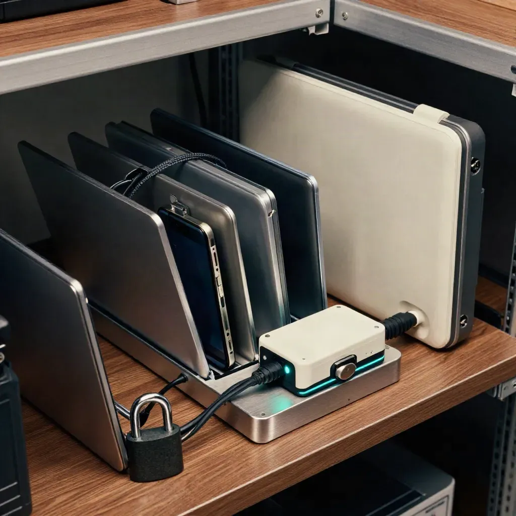 Secured laptops and phones in a charging cradle with cable locks and endpoint control box