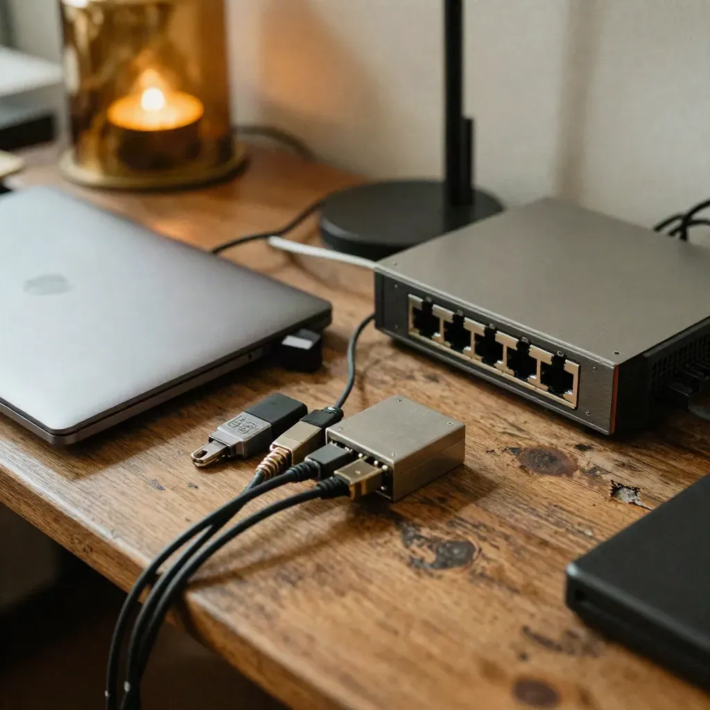 Closed cyber test bench with router, dongles, cables and tap module in warm workshop light.