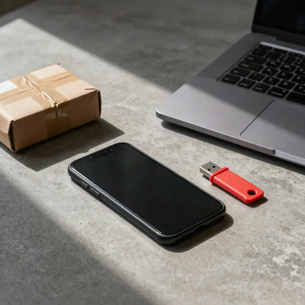 Phishing training drill with phone, closed laptop, parcel box and USB lure on a hazy tabletop.