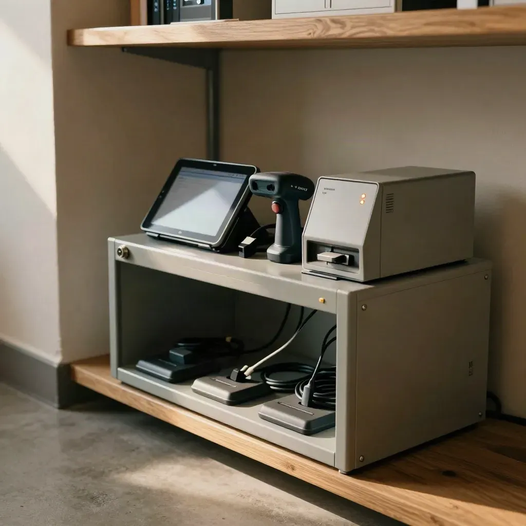 Locked retail back-office cabinet with tablets, scanners, and a mail-gateway appliance