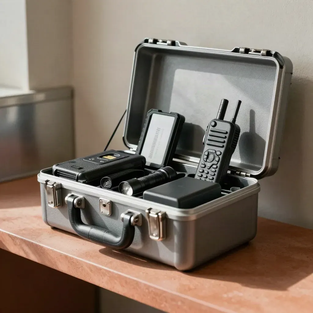Incident response kit with encrypted drive, handset and flashlight on a terracotta shelf.