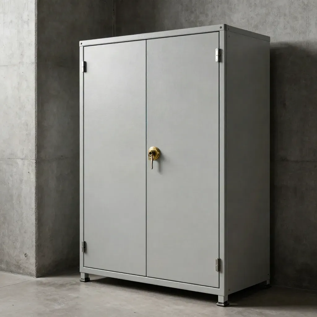 Pristine locked communications cabinet in a concrete alcove, shot low and centred.