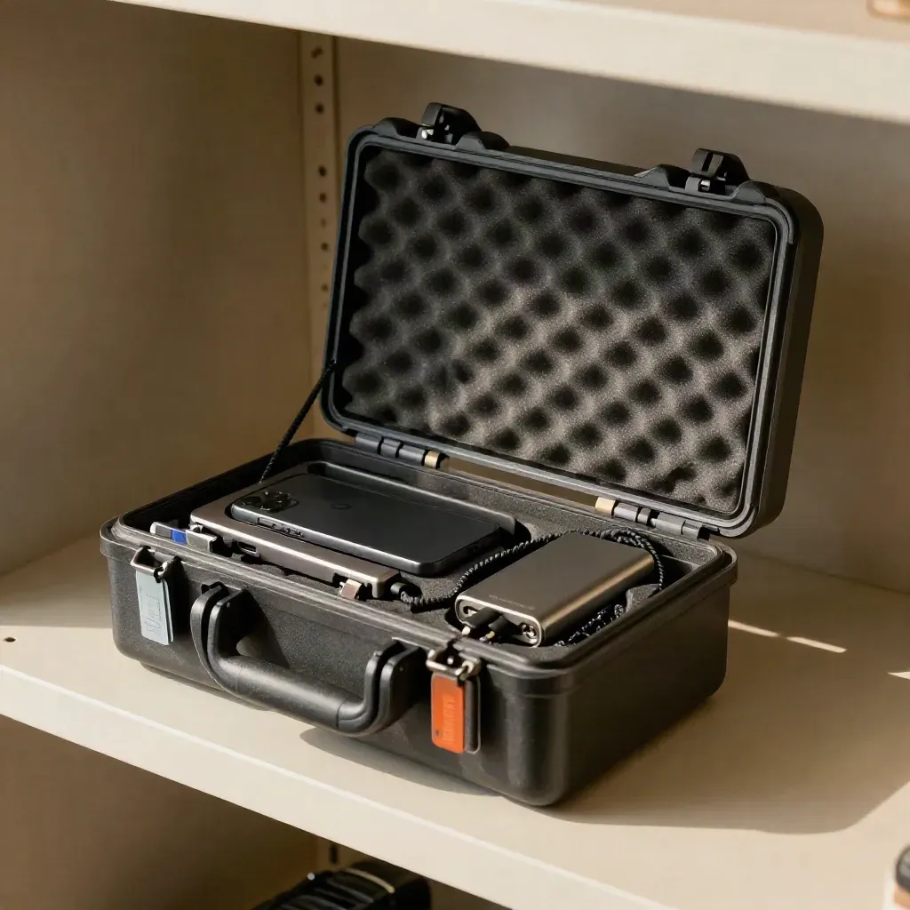 Top-down incident-response kit with backup phone, drive, power bank, and color-coded tags on a shelf.