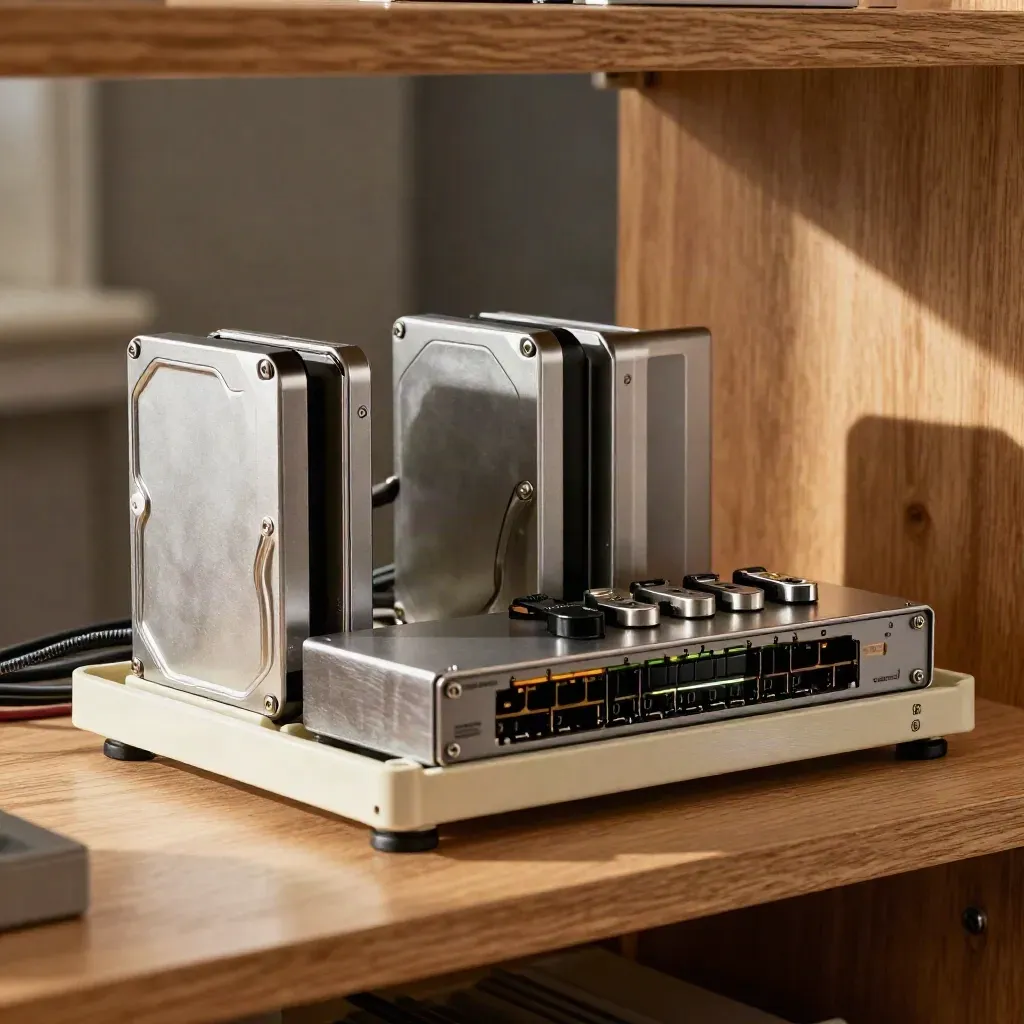 Security hardware clustered on a shelf in soft daylight, clean and audit-ready.