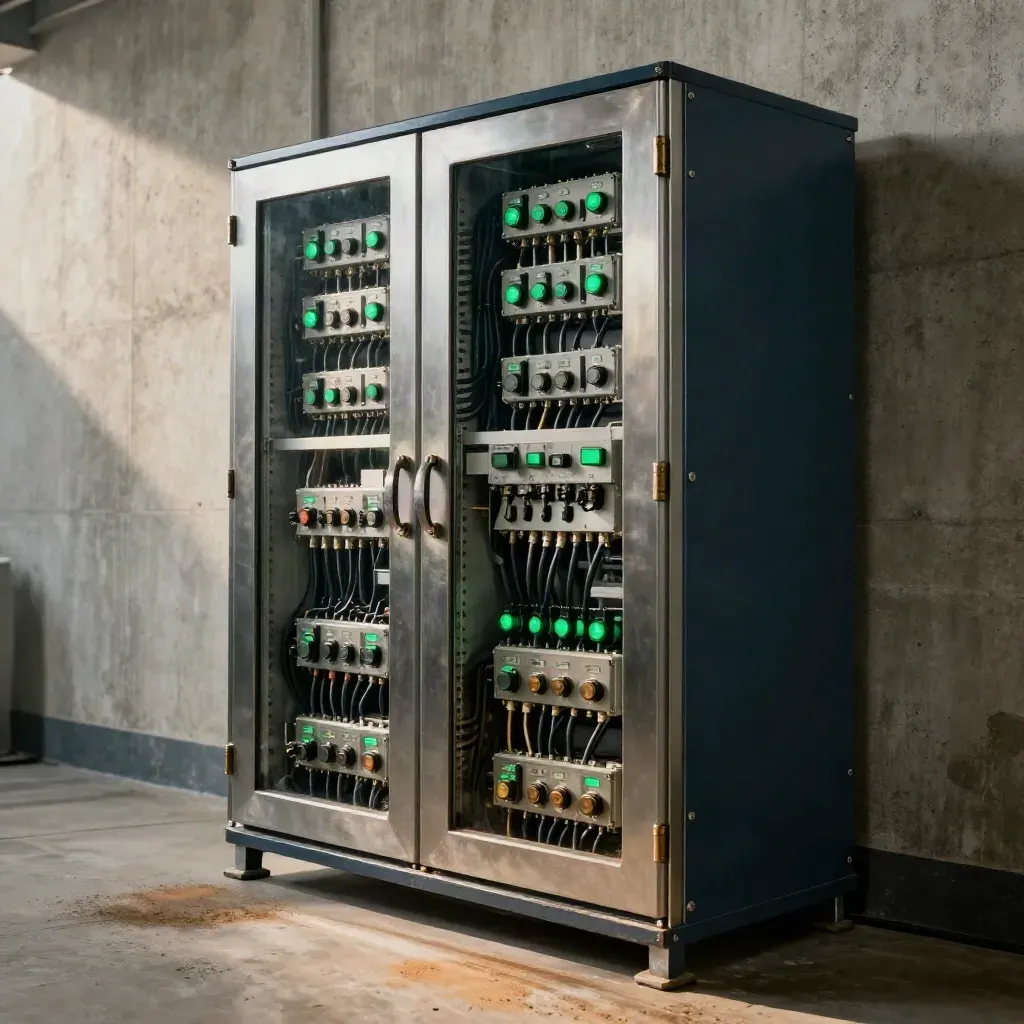 Low-angle industrial cabinet with green status lights on a concrete wall