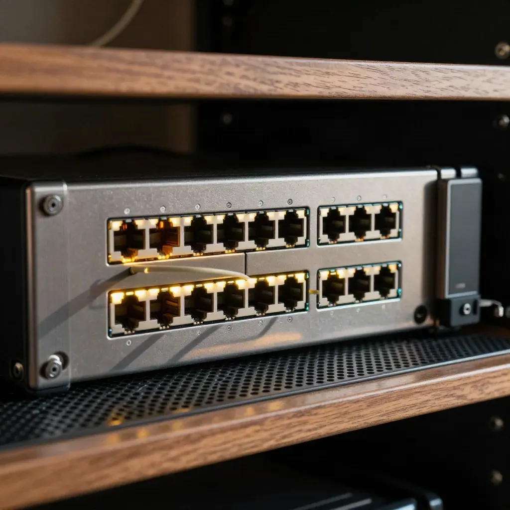 Close-up of a rack switch, battery backup, and sensor module with glowing status lights.