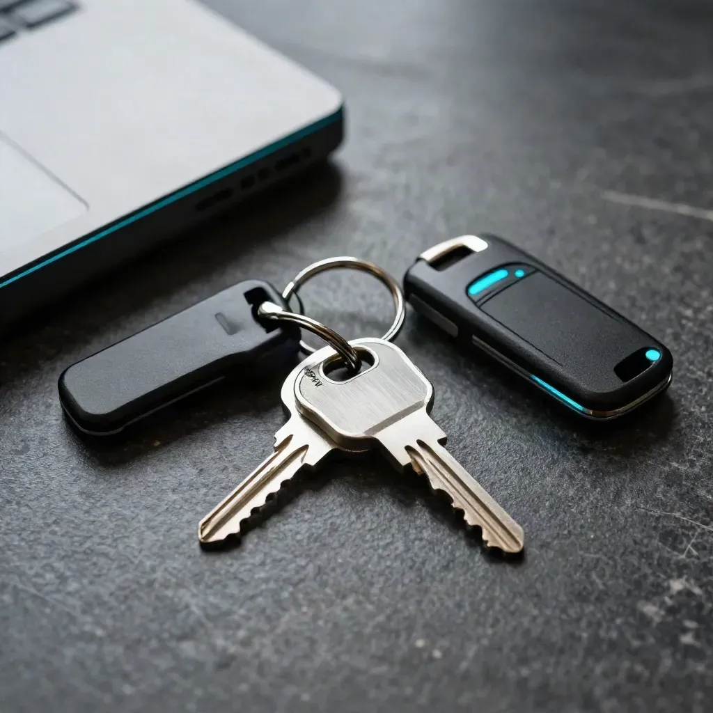 Hardware security key ring, encrypted SSD and smartcard reader on a dark stone desk.