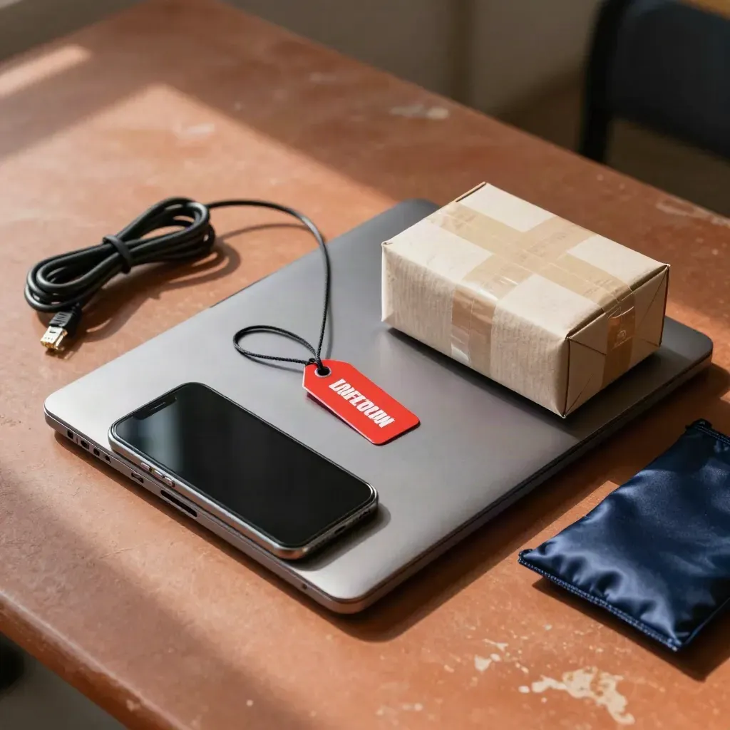 Overhead cyber training set with laptop, phone, parcel box and red-tagged token on terracotta clay.