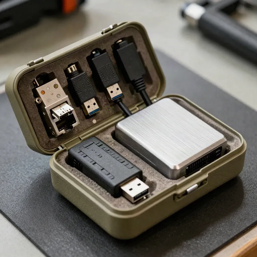 Open pentesting kit with adapters, dongles, and a metal case on a dusty workbench.
