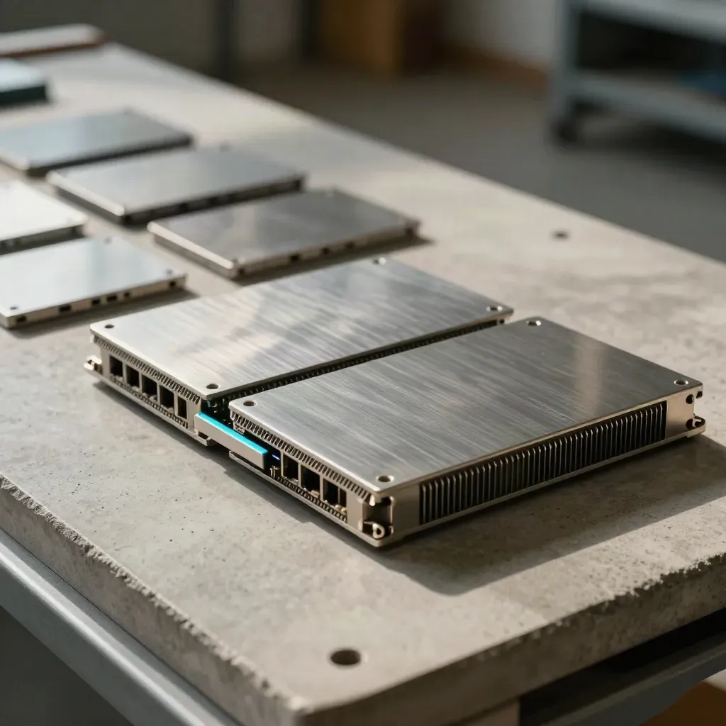 Firewall modules and blanking plates neatly arranged on concrete with cyan accents.