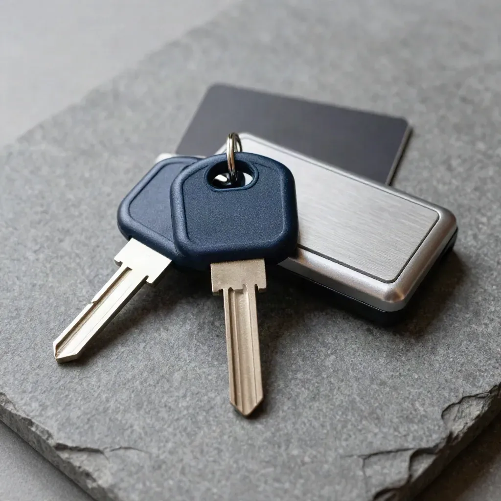 Hardware security keys, smartcard reader and metal access plate on stone, top-down still life.