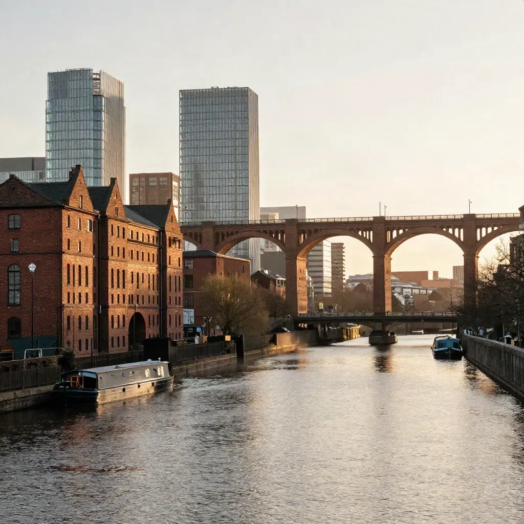 Manchester viaducts and glass towers above a misty canal at sunset