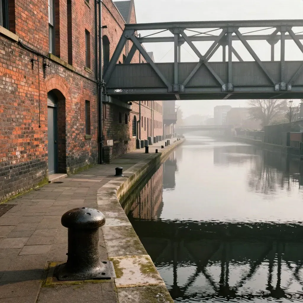 Birmingham canal corridor with brick, steel and dark water under warm haze