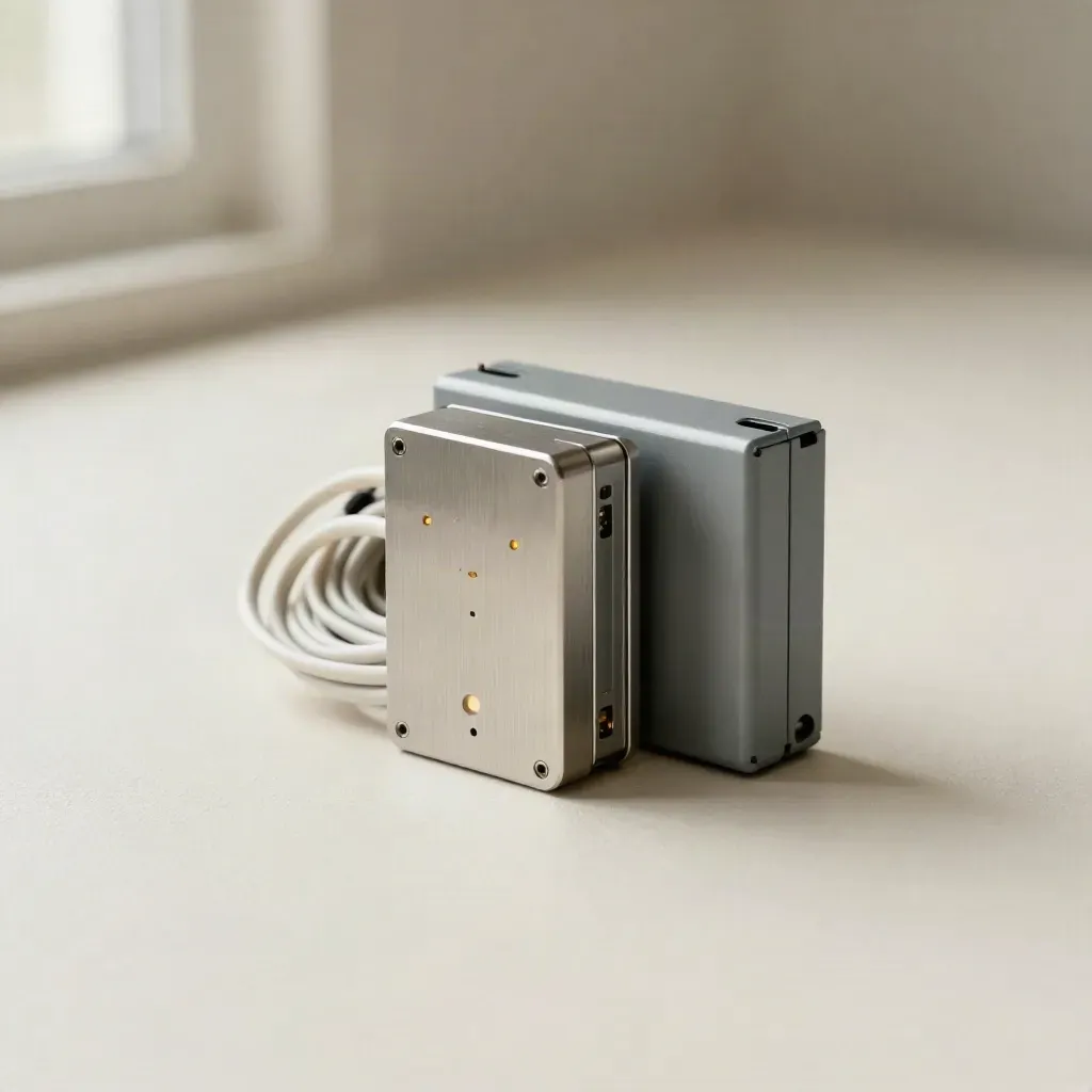Rack sensor cluster with glowing diodes, fibre loops and backup battery on pale plaster.