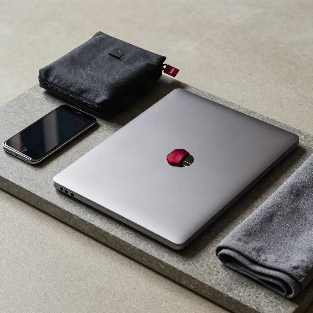 Closed laptop, phone, phishing USB and lockable pouch on a stone tray with a folded cloth.