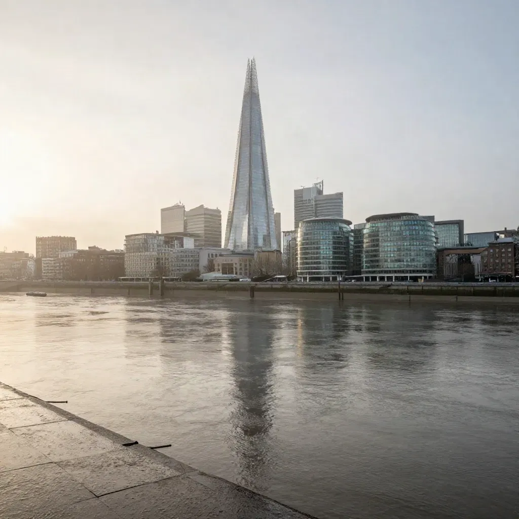 London skyline and the Shard over misty Thames at dawn, with calm wet water below.