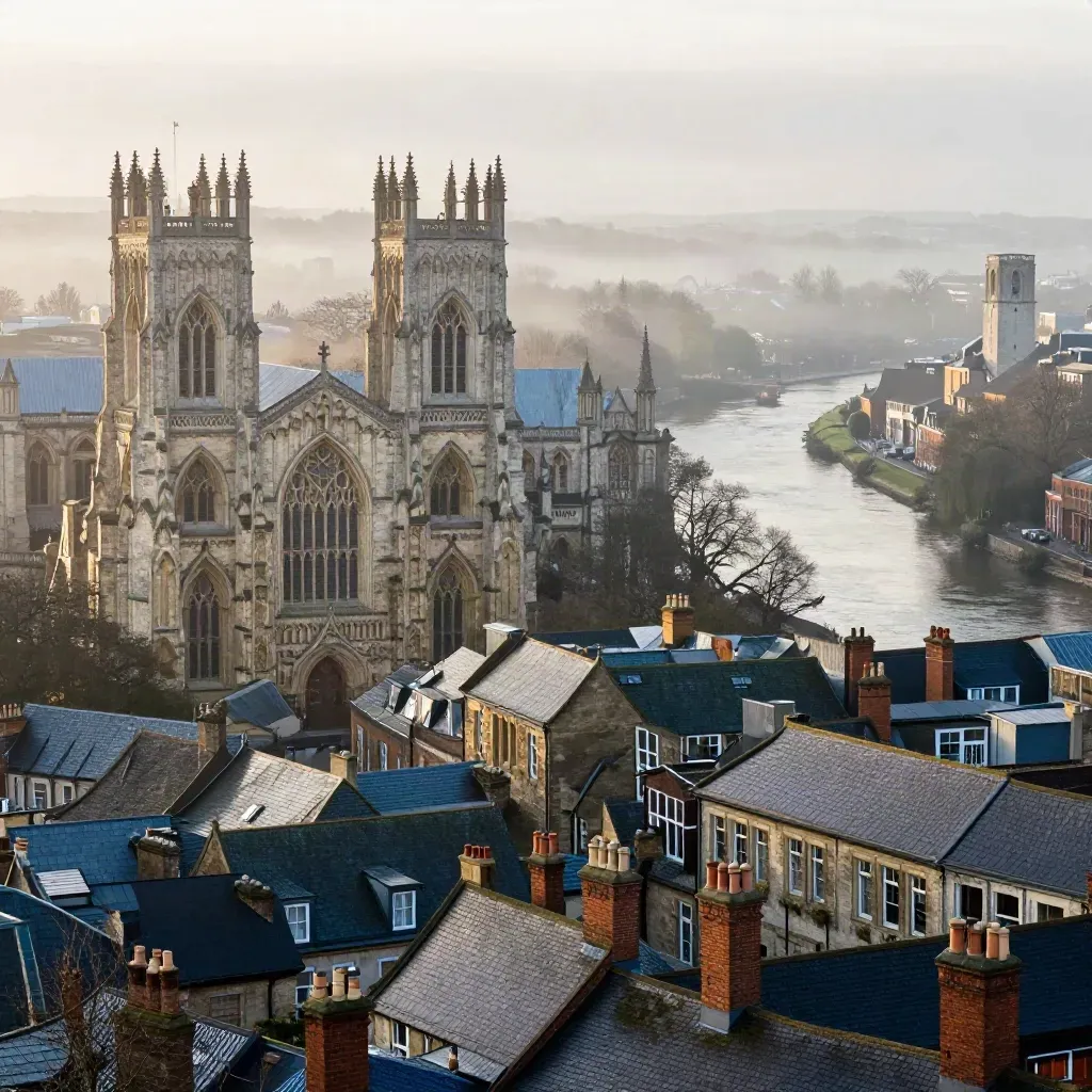Mist over York Minster and River Ouse rooftops at sunrise, with calm open space below