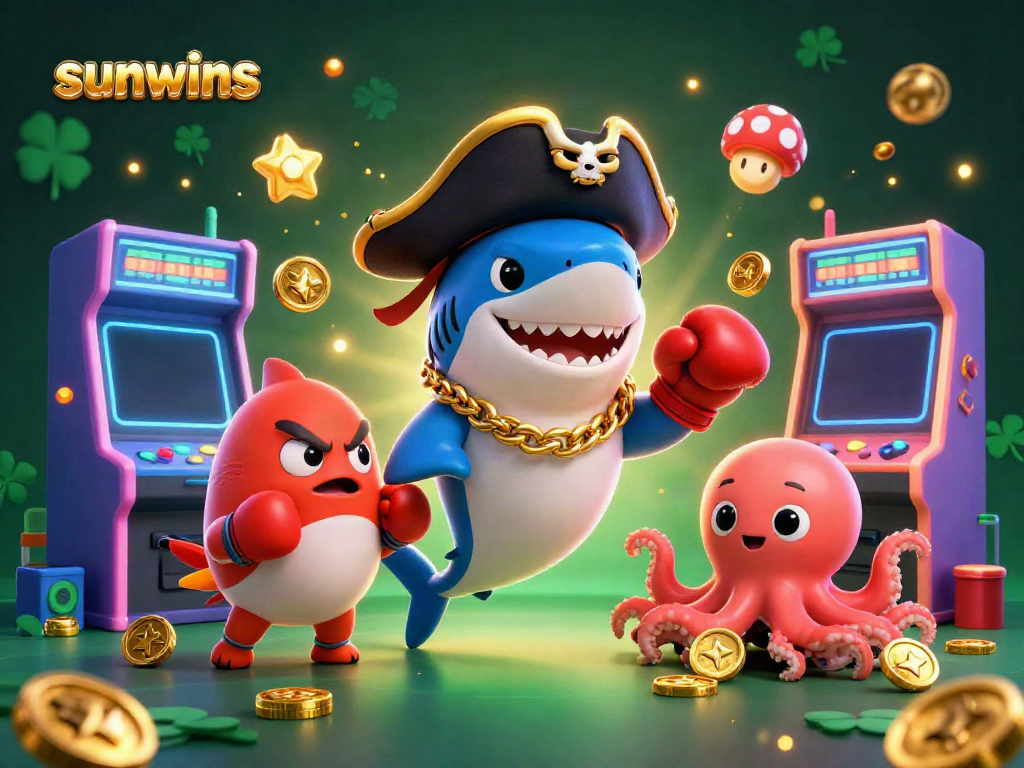 Engage with Sunwins through fun casino games featuring a pirate shark, boxing pufferfish, and octopus with coins.