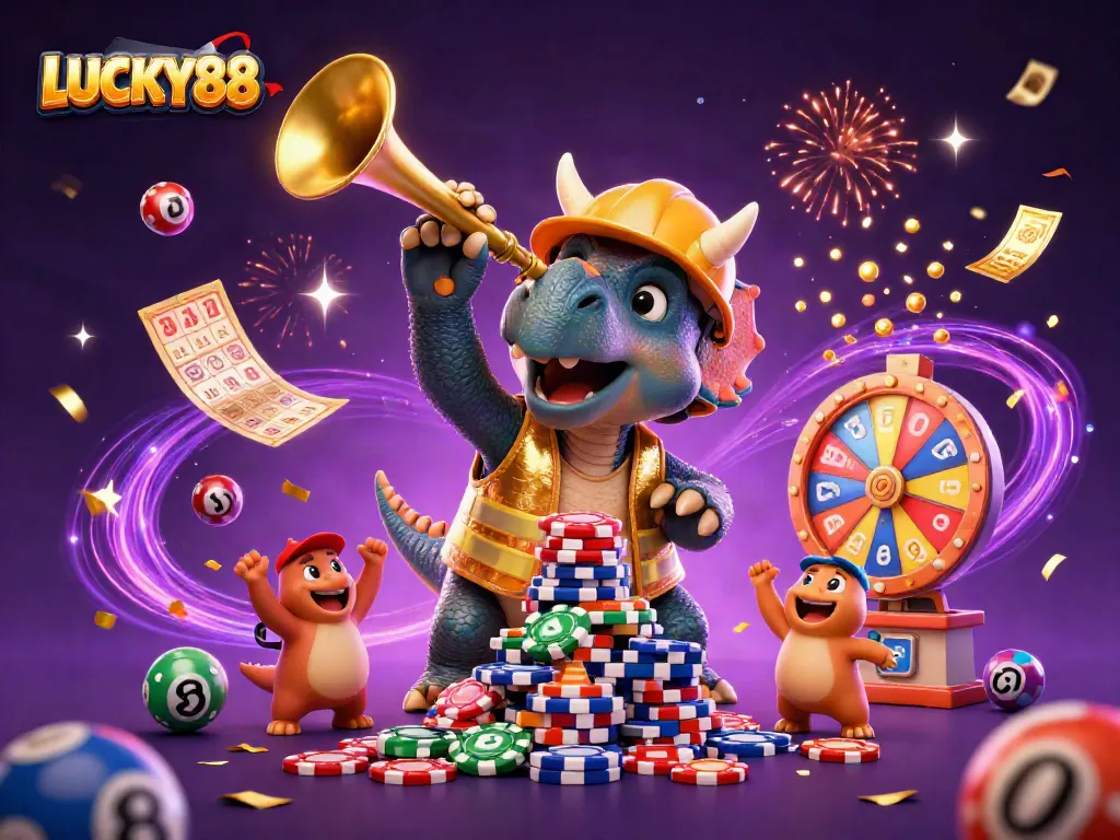 LUCKY88 celebrates winning with a dynamic illustration featuring characters and gambling elements.