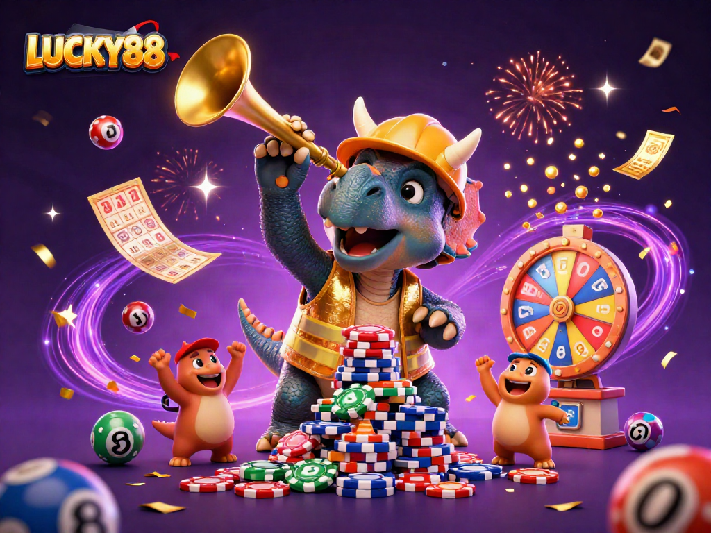 LUCKY88 celebrates winning with a dynamic illustration featuring characters and gambling elements.