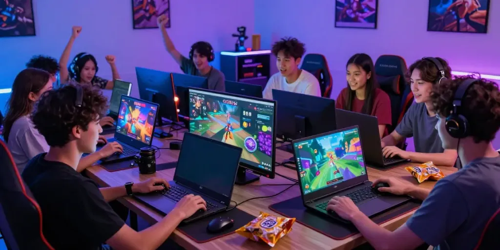 Friends enjoying an engaging online gaming experience with GO88 on multiple devices in a vibrant room.