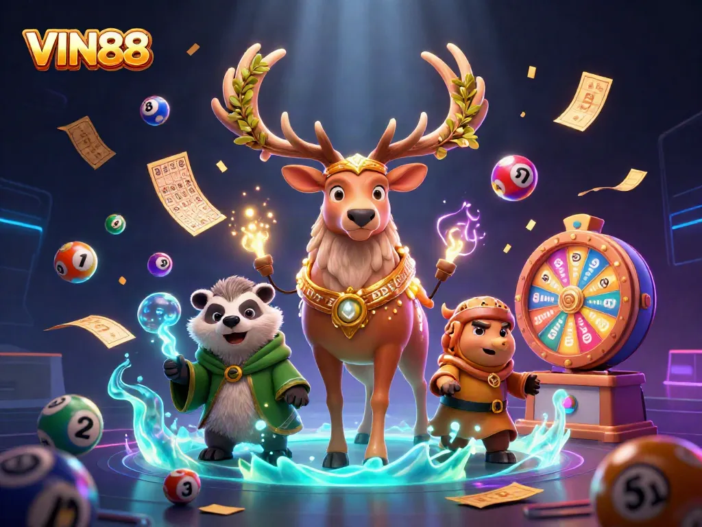 Play exciting games at VIN88, featuring vibrant lottery balls, a prize wheel, and mystical creatures.