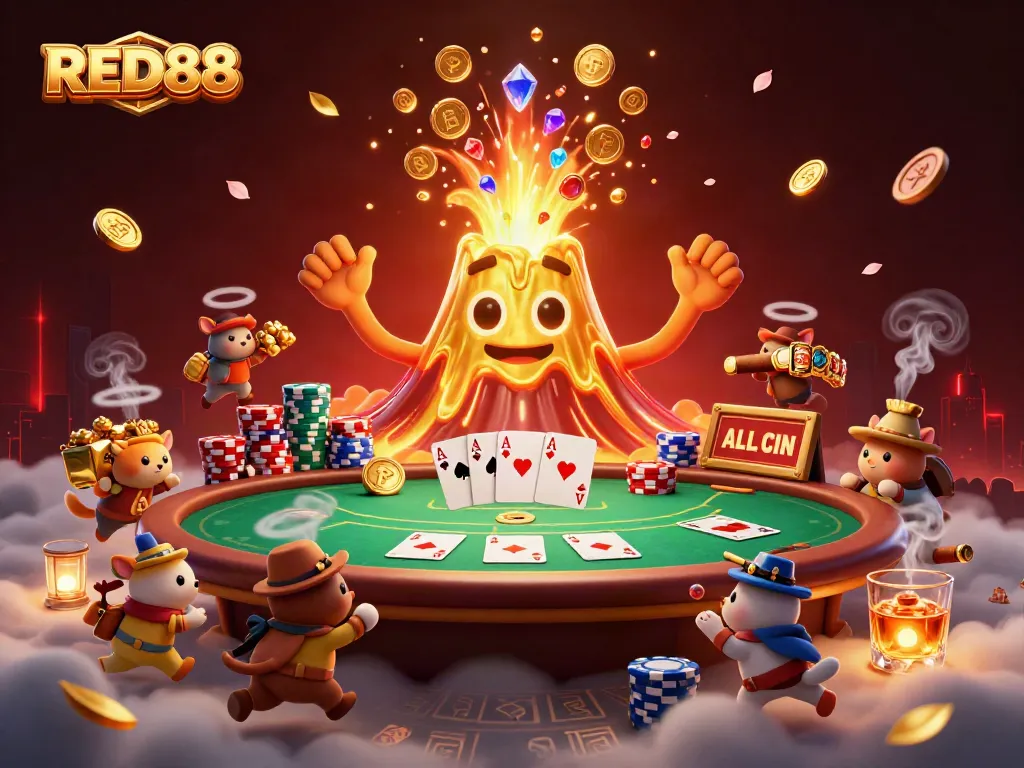 Join the fun at RED88 with a dynamic casino scene filled with treasures, poker action, and excitement.