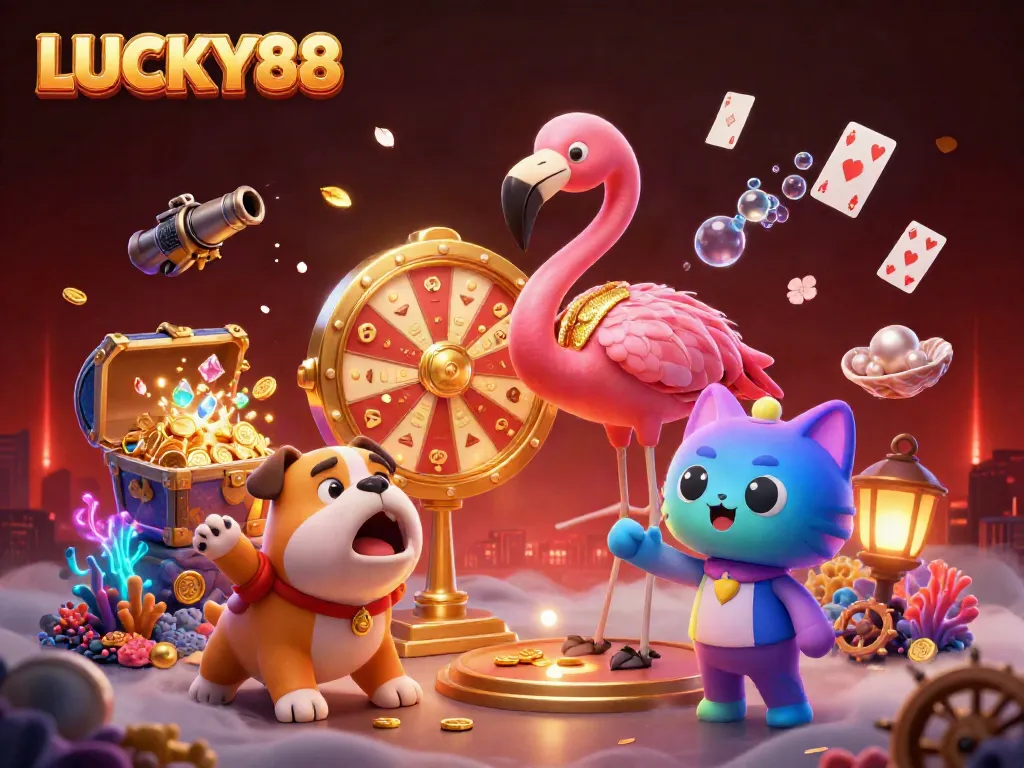 Experience thrilling gameplay at LUCKY88 with vibrant characters, prizes, and exciting casino elements in action.