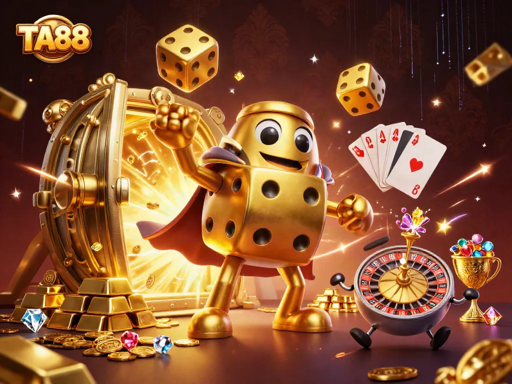Juggle and win at TA88 with a colorful casino illustration featuring golden dice and vibrant gems.
