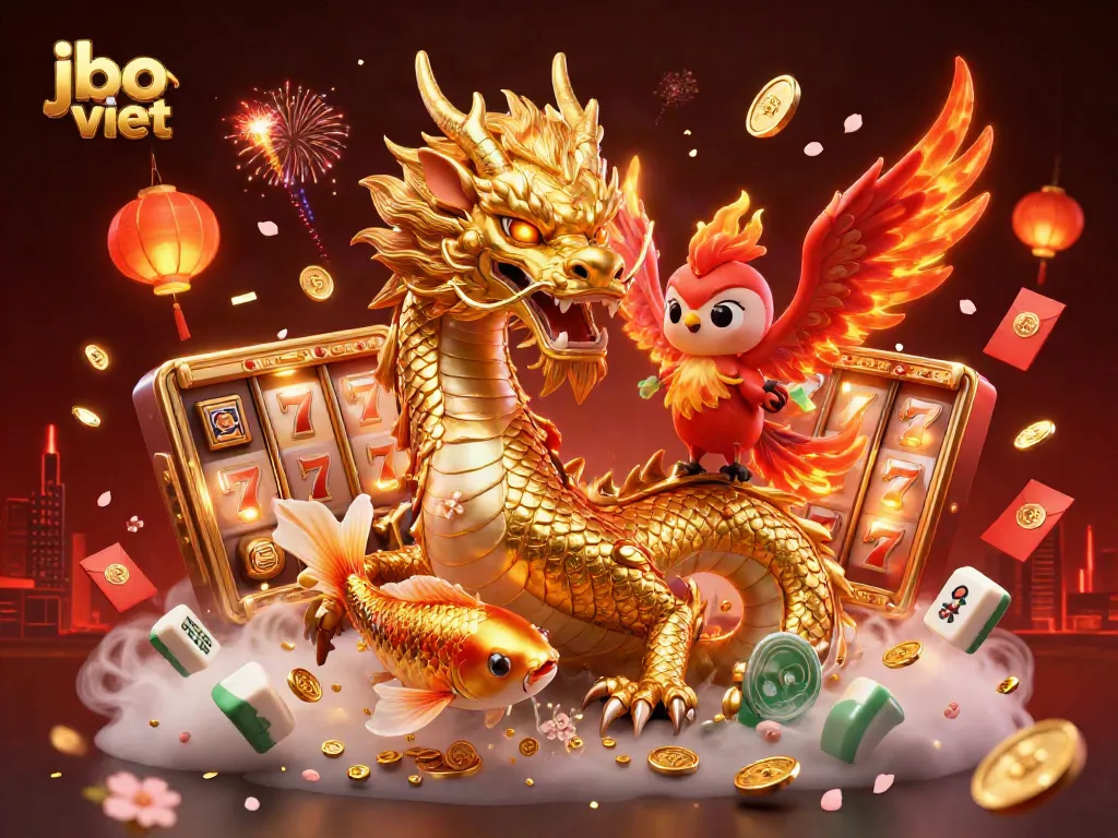 Engage with jbo viet as the fierce dragon, colorful phoenix, and koi fish celebrate gaming success amidst vibrant casino elements.