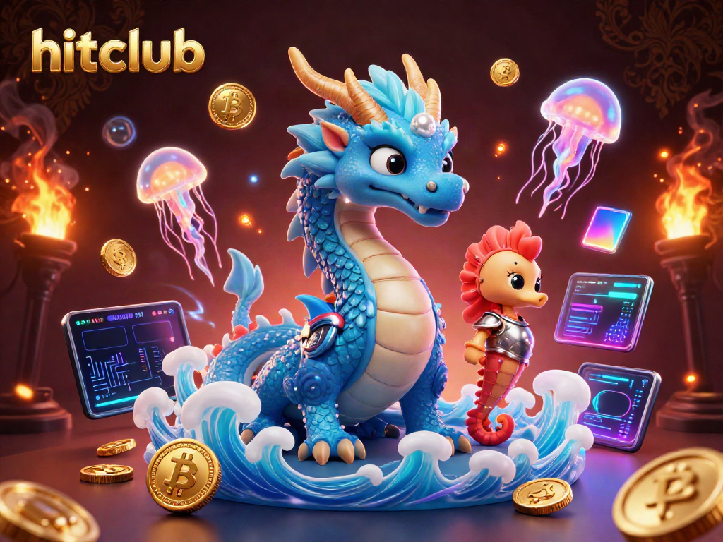 Experience hitclub with a vibrant 3D scene featuring a majestic water dragon, seahorse knight, and glowing jellyfish.