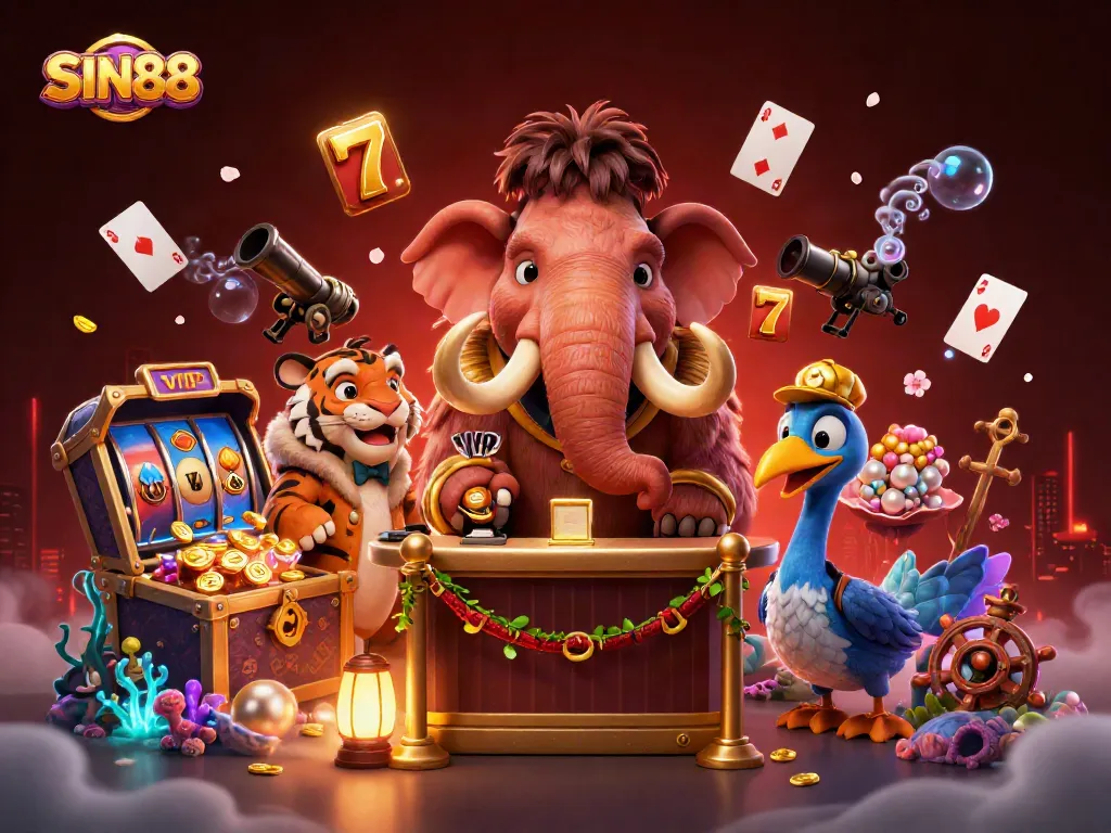 SIN88 casino scene showcases a woolly mammoth bouncer, saber-tooth tiger guest, and dodo doorman amid slot machines and treasure elements.