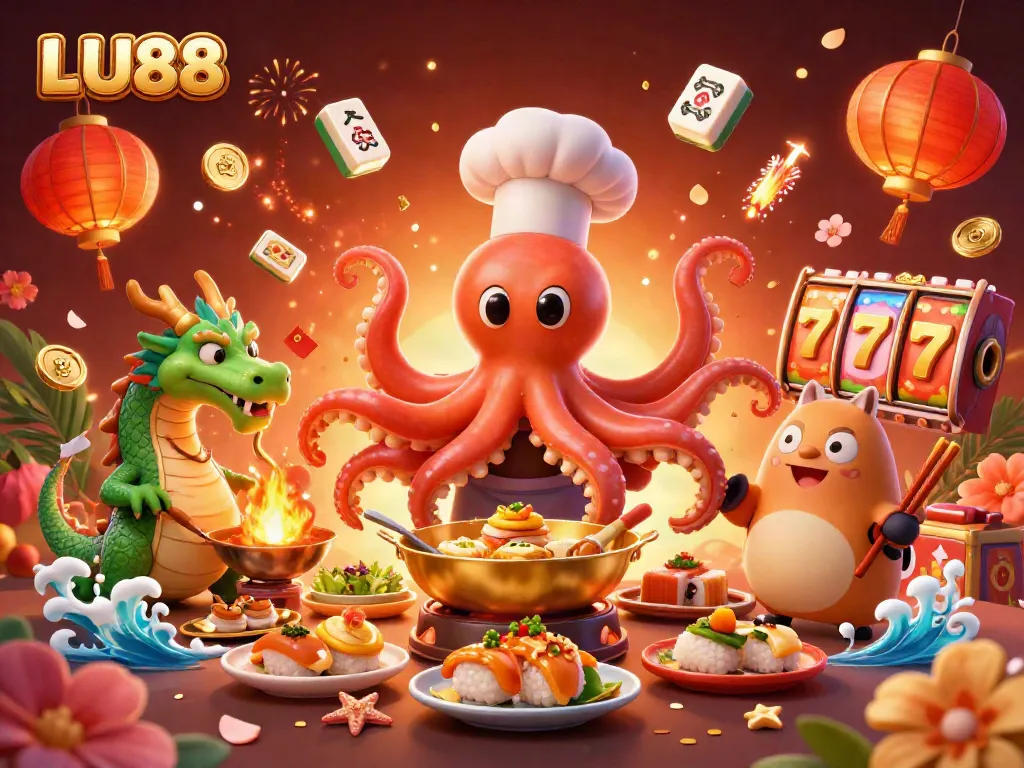 LU88 players engaging in vibrant casino activities with animated characters and festive gaming elements.