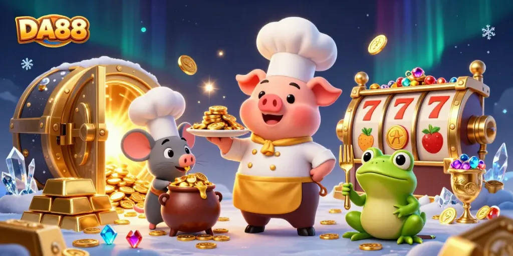 Experience the thrill of DA88 as a chef pig serves gold coins amidst vibrant casino symbols.