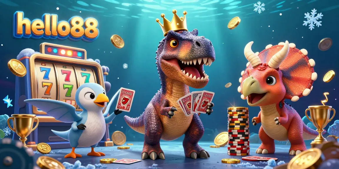 Engage with hello88 at a vibrant casino scene featuring a T-Rex shuffling cards and a triceratops stacking chips.