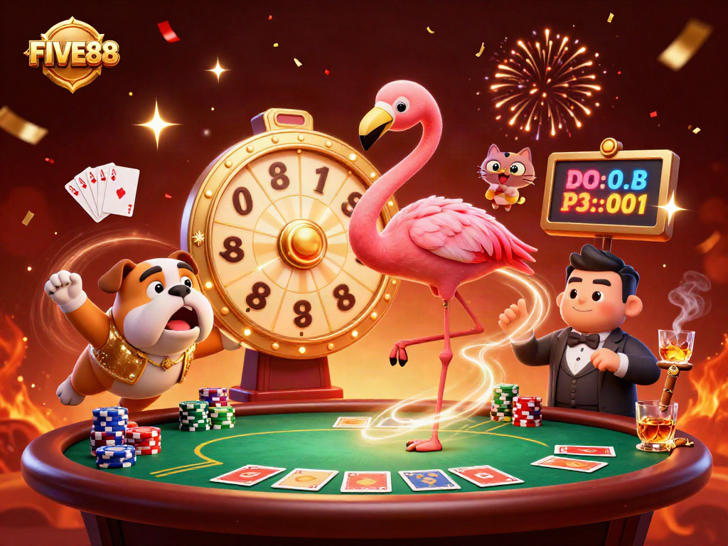 FIVE88 celebrates wins with dynamic gaming elements at a colorful casino scene