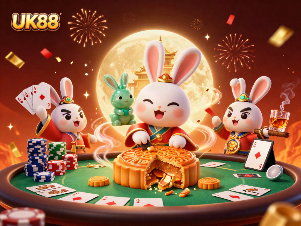 Engage in thrilling casino action at UK88 with colorful poker chips and festive elements.