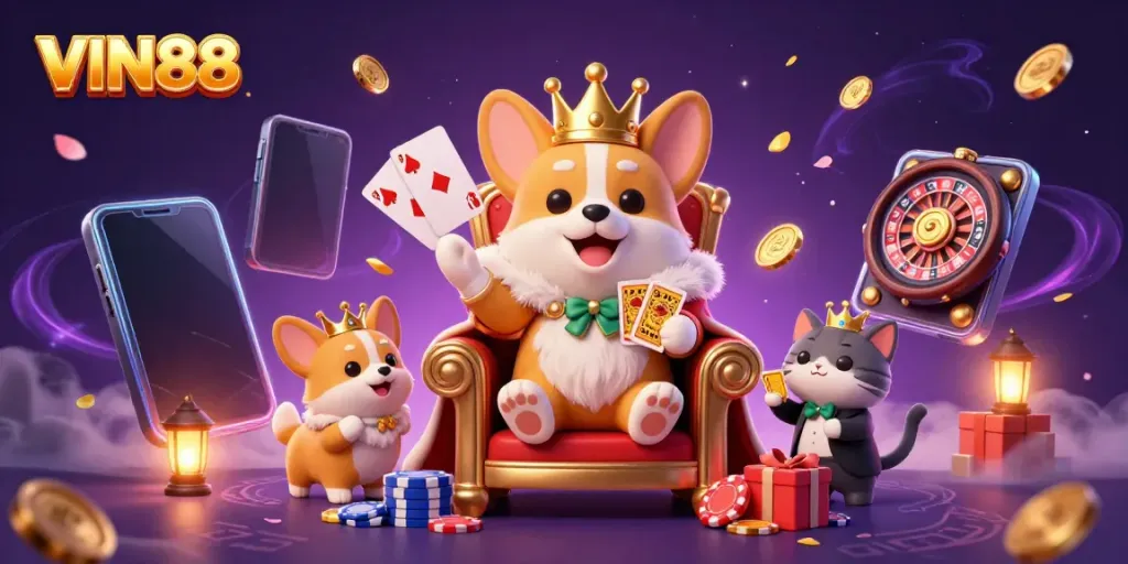 Engage in thrilling gameplay with VIN88, where a royal corgi oversees a vibrant casino scene.