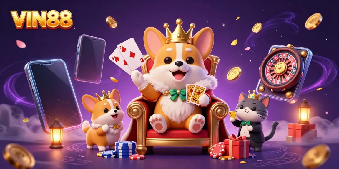 Engage in thrilling gameplay with VIN88, where a royal corgi oversees a vibrant casino scene.