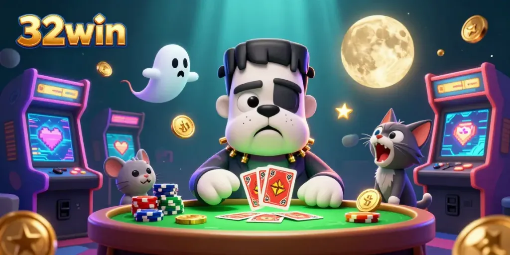 Engage in exciting gameplay at 32win with this vibrant gambling scene featuring animated characters and casino elements.